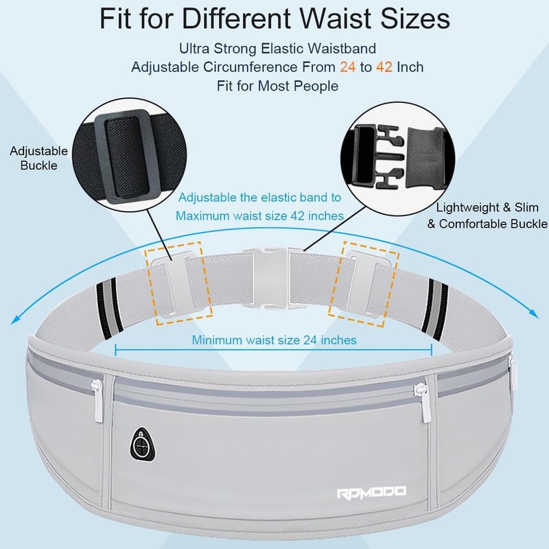RDMODO Water Resistant Fanny Pack，Slim Running Belt for Women Men，Waist Bag Running Phone Holder with 3 Zipper Pockets for iPhone 16 15 14 13 Samsung，Reflective Running Pouch for Walking Cycling Grey - Image 2